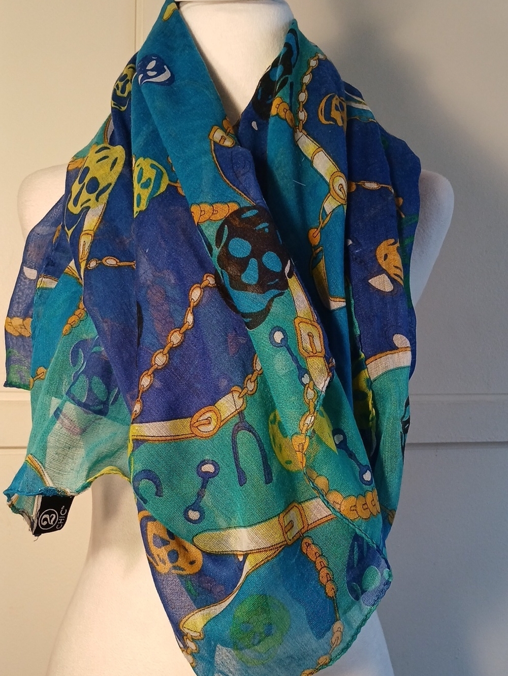 Blue & Teal Chain, Mask, Skull-Print Lightweight Fashion Scarf